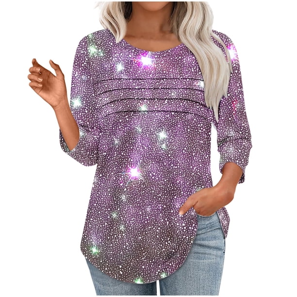 Heisall Womens Tops 3/4 Sleeve Round Neck Loose Casual Tshirts Striped Print Pullover