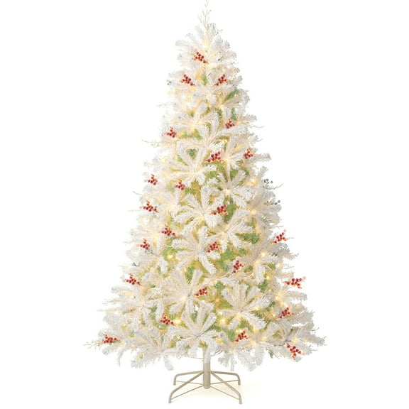 Gymax 7 FT Pre-Lit Artificial Christmas Tree w/855 Snow Flocked Branch Tips