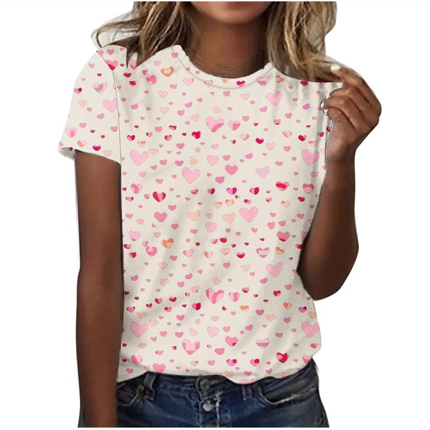 Camisetas Casuales de Mujer Día de San Valentín Impreso Cuello Tripulado Manga Corta, Top de Moda para la Fiesta Y Diario