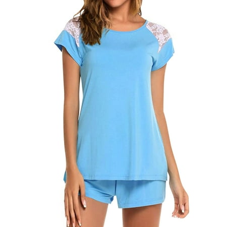 

ZXZY Women Solid Color Lace Insert Short Sleeve Top Elastic Waist Shorts Pajamas Set