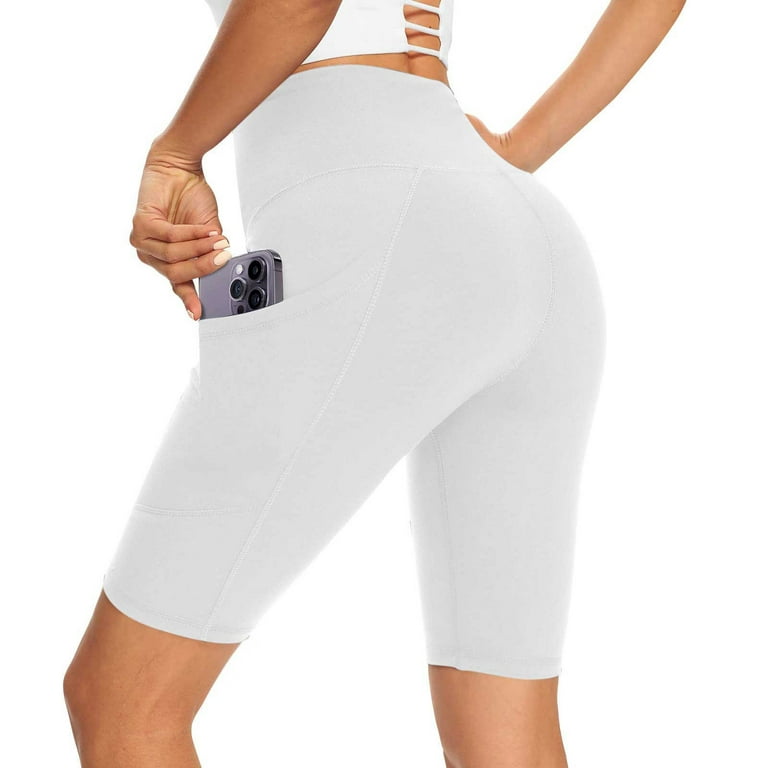 Womens Yoga Short Leggings Above The Knee Length High Waisted Tummy Control  Workout Shorts Stretchy Gym Pants (Small, White) 