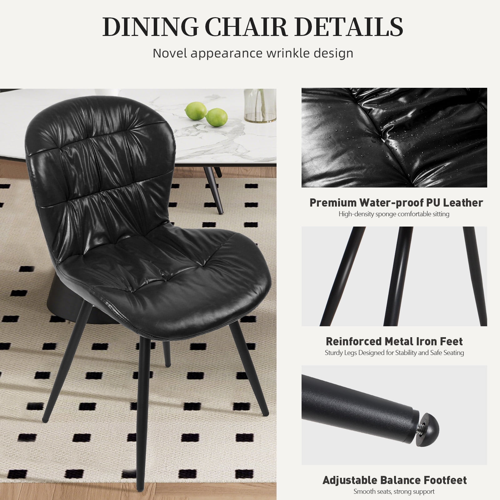 Set of 2 Black Ergonomic Chairs, Polyurethane Faux Leather with Rubberwood Frame, Thick Foam Cushion, Metal Legs, Scratch & Stain Resistant, 300 lbs Capacity