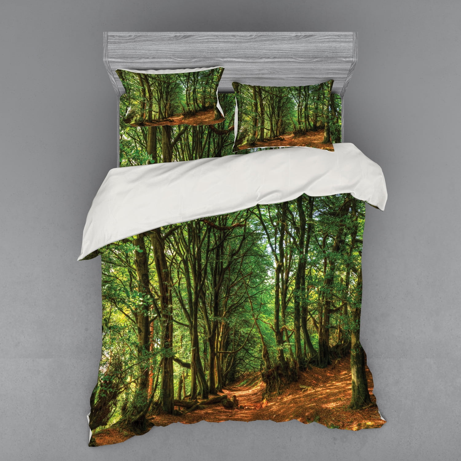 Woodland Duvet Cover Set, Forest Scene Trees and Pathway Foliage Trunk ...