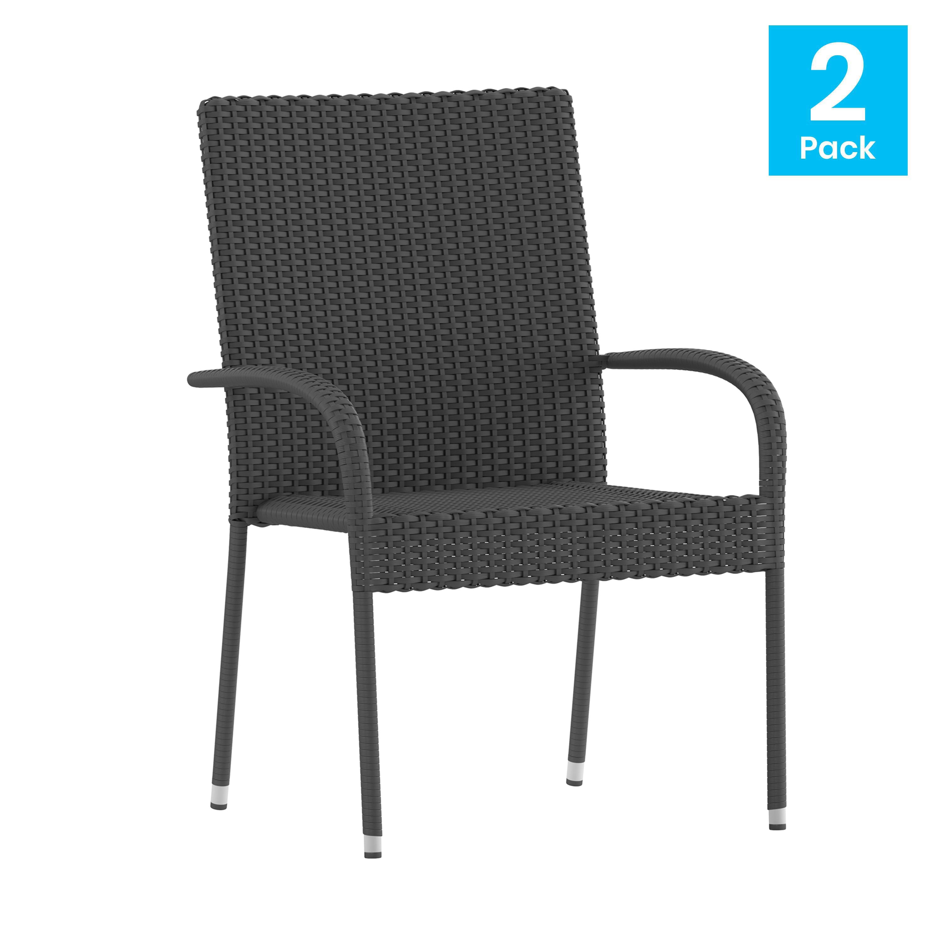Emma + Oliver Stacking All-Weather Gray Wicker Wrapped Powder Coated Steel Patio Club Chair for Indoor and Outdoor Use - Set of 2