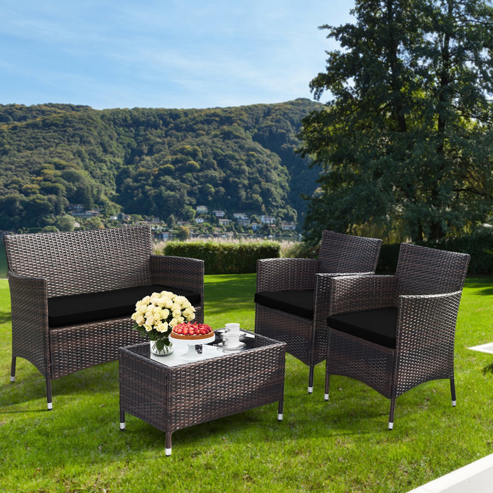 Gymax 4PCS Patio Rattan Conversation Furniture Set Outdoor w/ Black Cushion