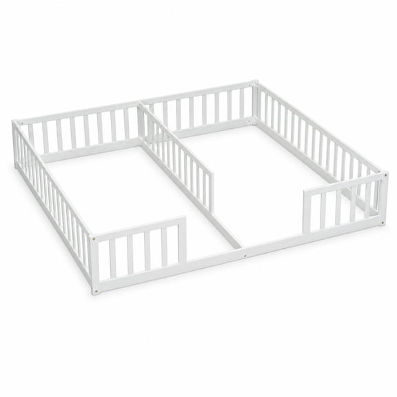 Miniyam Double Twin Floor Bed for Kids, Wood Bed Frame with Guardrails, Low Profile Design, White