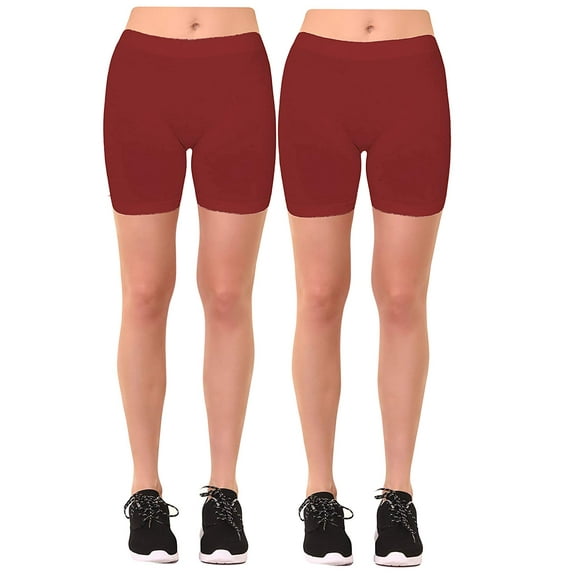 Women's 2 Pk Plus Size Seamless Stretch Yoga Exercise Shorts Bike Shorts (1X-2X) Wine