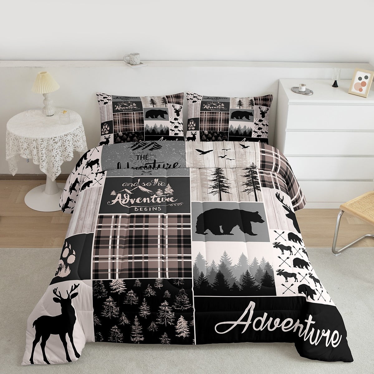 Buffalo Patchwork Queen Size Bedding Set, Hunting Bear Deer Comforter Set Teens Adult Bedroom, Rustic Farmhouse Grid Claw Bedding Comforter Sets Adventure Camping Quilt With 2 Pillow Cases