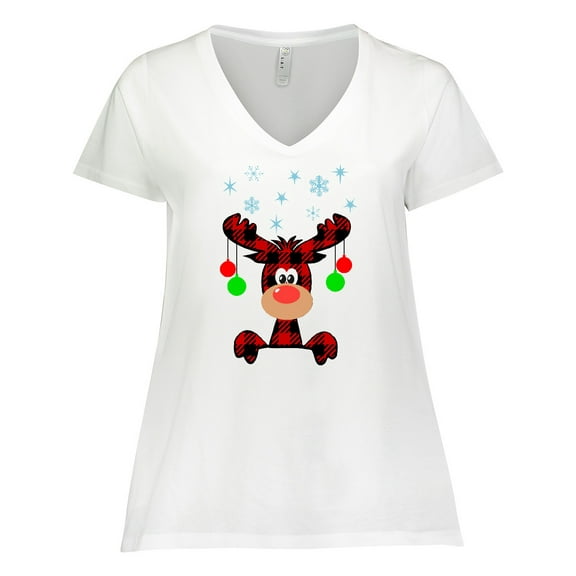Inktastic Cute Flannel Reindeer with Christmas Bulbs and Snowflakes Women's Plus Size V-Neck T-Shirt