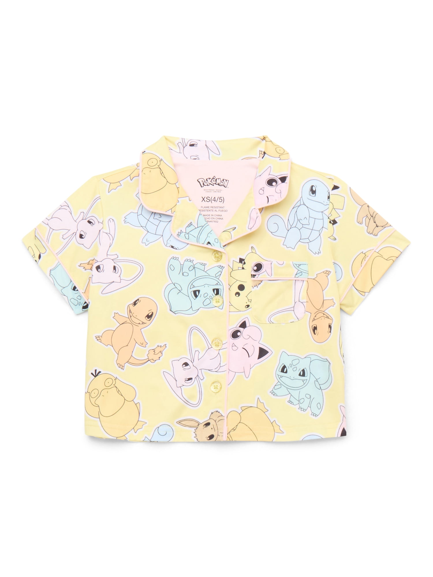 Pokemon Girls Button Front Top and Shorts Pajama Set, 2-Piece, Sizes 4-12
