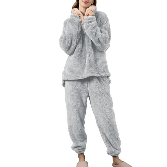 Women's Fuzzy Fleece Pajama Set Plush Long Sleeve Pants Pjs V Neck Cute Cozy Warm 2 Piece Comfy Baggy Soft Casual Oversized Lounge Set Grey Medium