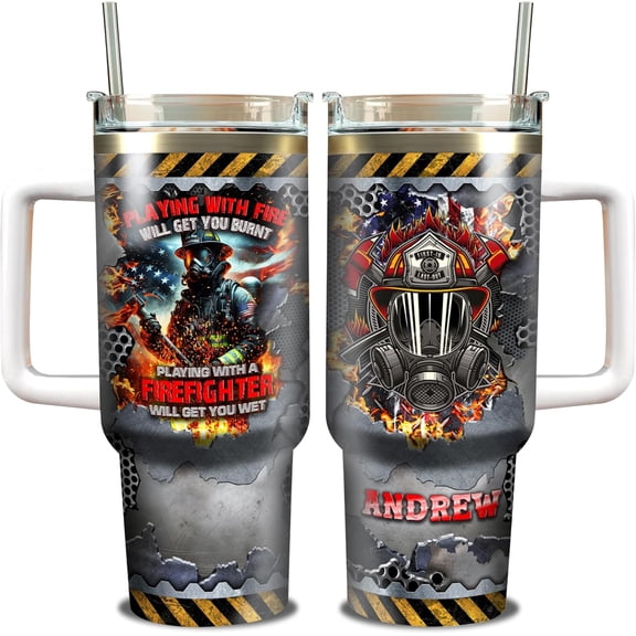 Personalized Firefighter 40oz Tumbler with Handle and Straw Lid Custom Name Stainless Steel Insulated Cup American Flag Travel Coffee Mug Gifts For Firefighters Fireman Husband