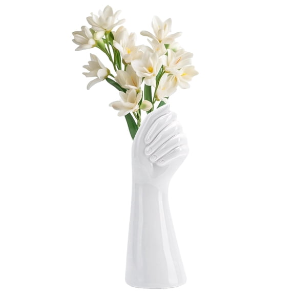 9" Hand‑Shaped Ceramic Flower Vase – Modern Art Arm Sculpture, White Tabletop Plant Holder for Home Office Decor, Minimalist Centerpiece