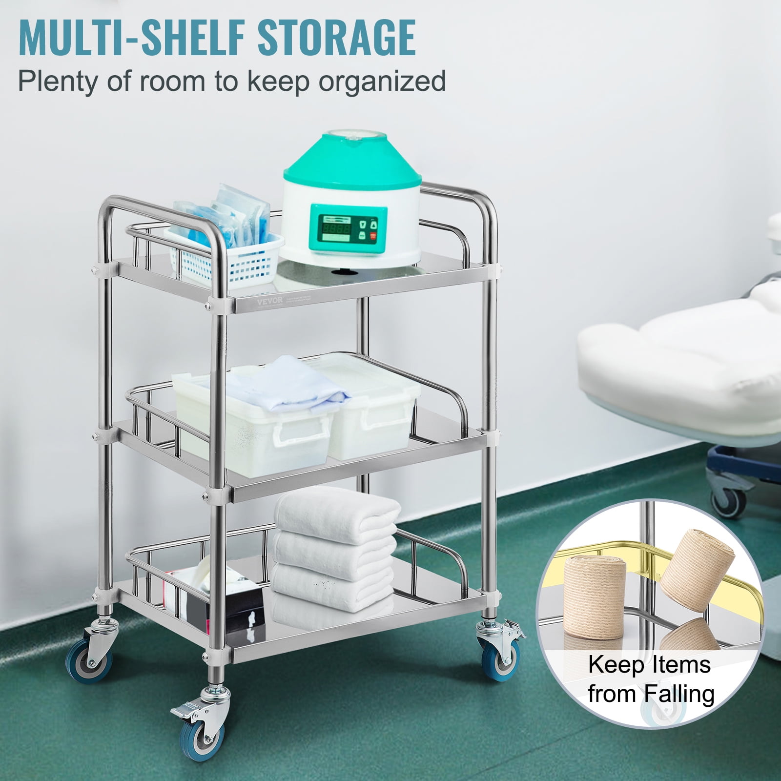 Mobilier Clinique Salon Beauté Chariot Multifonction 3 étages Avec Prises - 100kg Charge - Roulettes Verrouillables - Blanc Chariot Médical 3 étages