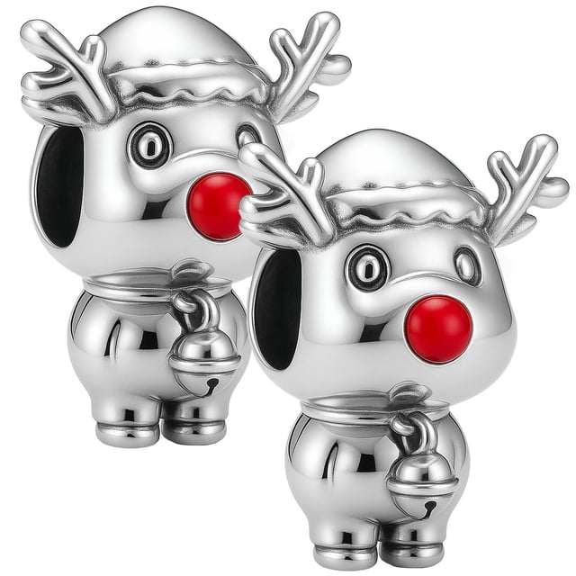 Dije reno nariz roja XmasDeer02 2Pzas Plata S925 Chapa Separador Fijo Venado Navideño Plata/Multicolor Caja Negra 3x3cm.