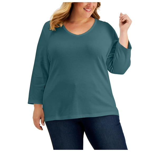 Karen Scott Womens Plus V Neck Long Sleeve Pullover Top
