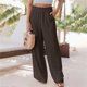 thumbnail image 2 of Mujeres pantalones largos pierna ancha ruffle mediados cintura color puro elegante elástico causal pantalones sueltos con bolsillo para verano marrón 3xl, 2 of 6