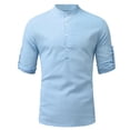 thumbnail image 2 of IROINNID Deals Mens Pullover Shirts Long Sleeve Cotton Linen Shirt Pullover Stand-up Collar Solid Beach T-Shirt,Light Blue, 2 of 4