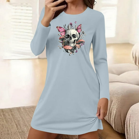 AUNVITO Women's Halloween Nightdress Long Sleeve Round Neck Loose Fit with Halloween Print Casual Comfortable Sleepwear