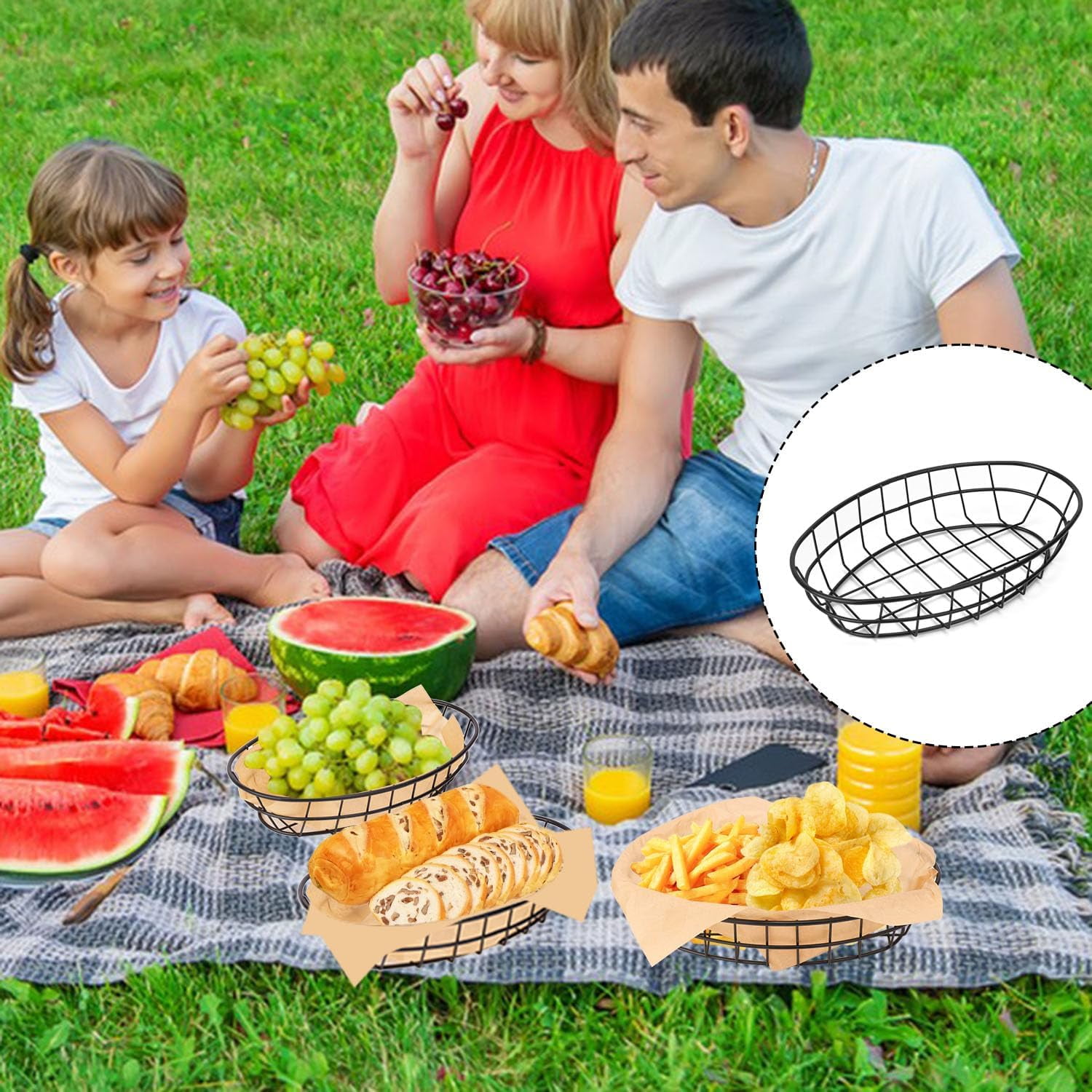 12 Pack Wire Bread Basket with 50 Sheets Deli Wrappers Paper, 9.65 x 6.1 x 2.17 Inch Metal Oval Bread Basket for Food & Fruit Serving – Durable Black Wire Baskets for Home & Kitchen