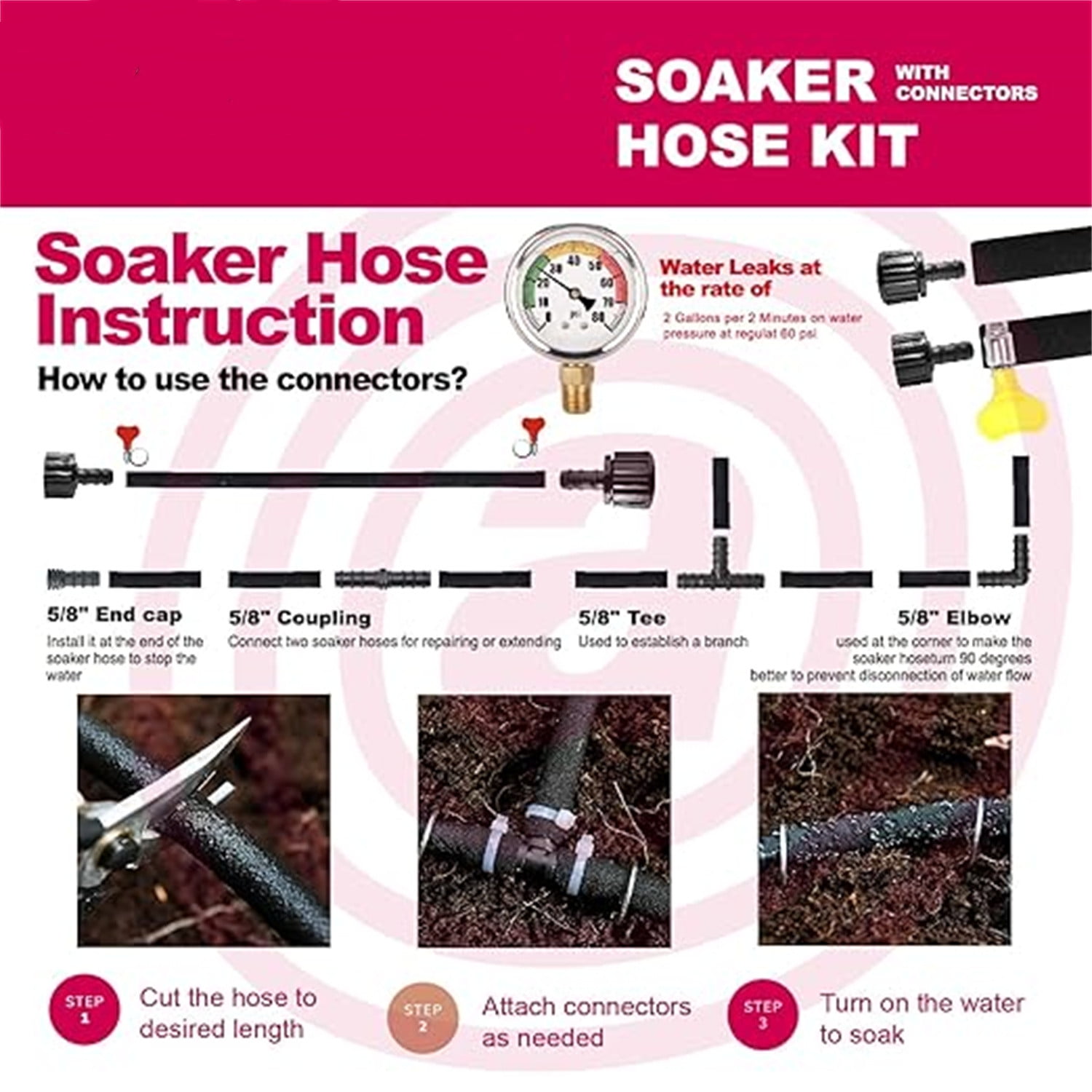 "Soaker Hose 100 FT For Garden Beds,Heavy Duty Solid Brass Connector 1/2“ Ruber Drip Irrigation Kit with Hose Stakes&Connector Set for Flower Bed&Yard,Landscaping "