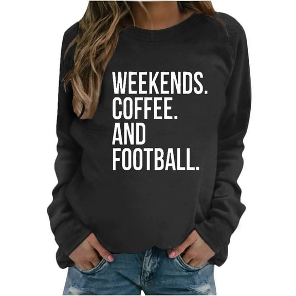 Qetyuw Letter Print Sweatshirt for Women Weekends Coffee and Football Pullover Casual Crew Neck Long Sleeve Loose Fit Tops