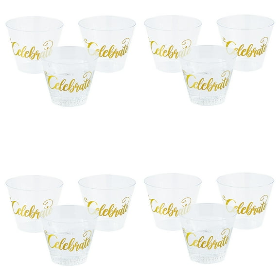 Fun Express Celebrate Clear Disposable Plastic Cups Gold Small 9 oz - Mega Bulk 200 Ct