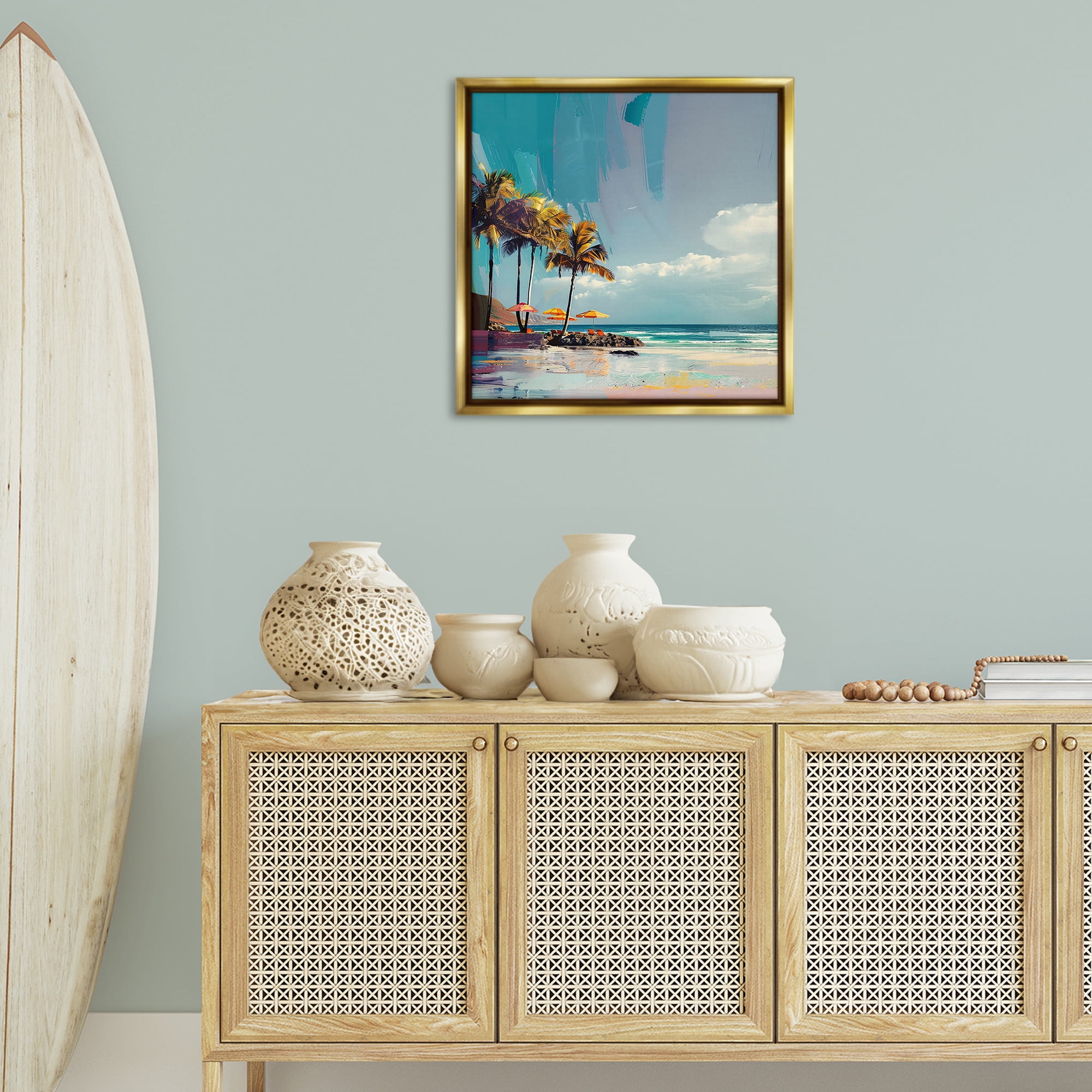 Stupell Industries Contemporary Shoreline in Summer Nautical & Beach Painting Gold Floater Framed Canvas Art Print Wall Art, 25 x 25