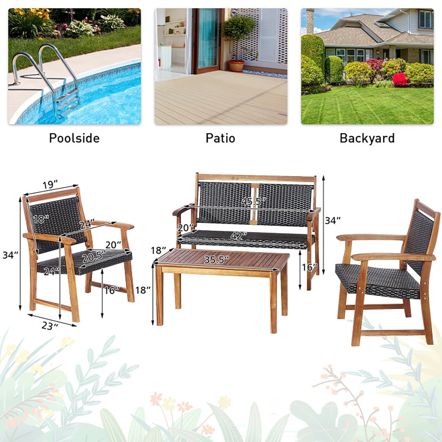 Aimee Lii 4 Pieces Rattan Bistro Set with Acacia Wood Frame, Modern Patio Furniture Aimee Lii 4 Pieces Rattan Bistro Set with Acacia Wood Frame, Modern Patio Furniture