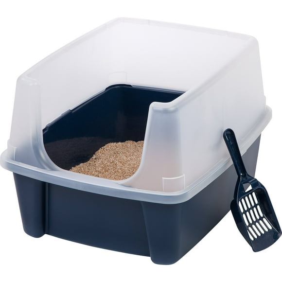 IRIS USA Large Cat Litter Box with Scatter Shield and Scoop, Open Top High Sided Cat Litter Pan, Navy