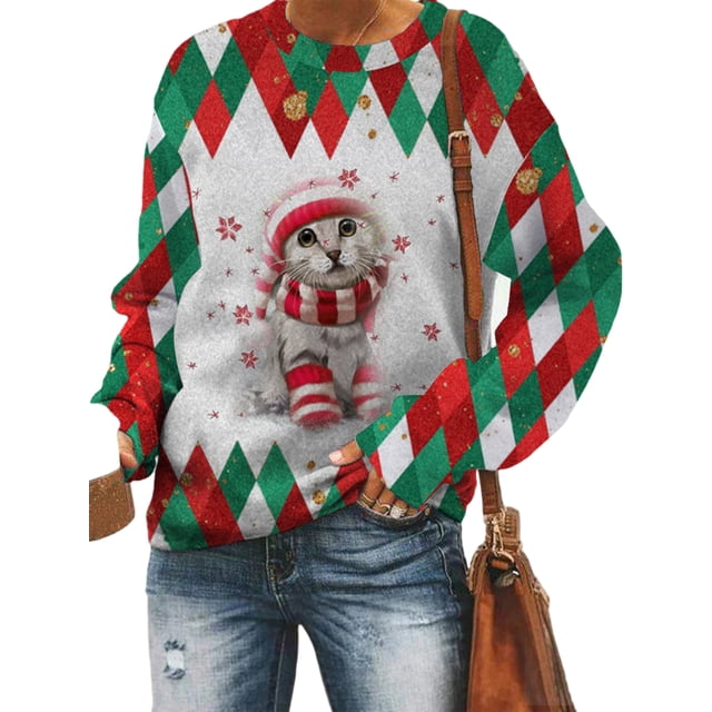 Bellella Chandail en Molleton pour Femmes Manches Longues Pull de Noël Col Rond Chandails en Molleton de Noël Imprimé Bonhomme de Neige/gnome Mignon Style-A 2TG