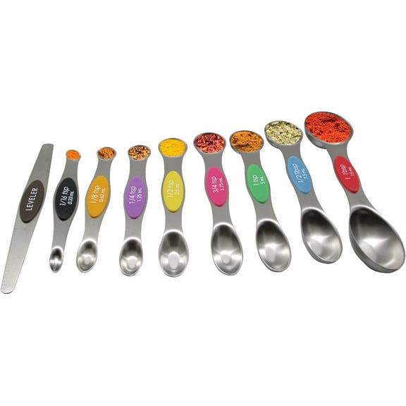 Magnetic Measuring Spoon - Dual Sided, Stainless Steel Tablespoons for Baking & Cooking - Stackable Teaspoon & Leveler - Measure Spoon Set for Dry & Liquid Ingredients - Stackable Design