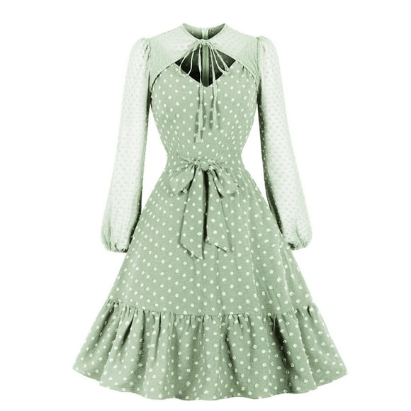 Vintage 50s Dress for Women Sheer Mesh Long Sleeve Dress y Cutout Tie Front Polka Dot Retro Hepburn Dress