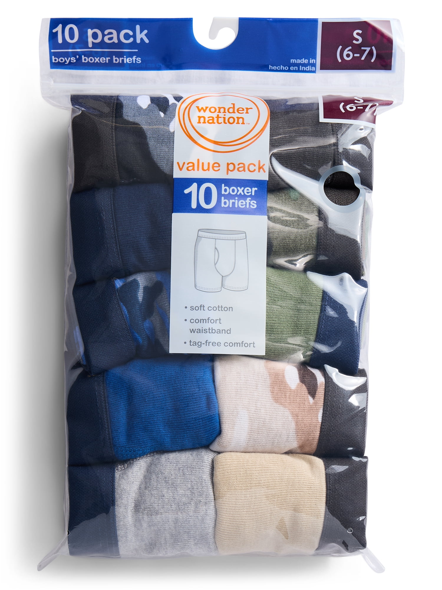 Wonder Nation Boys Underwear Soft Cotton Boxer Briefs, 10-Pack, Sizes S-XXL & Husky