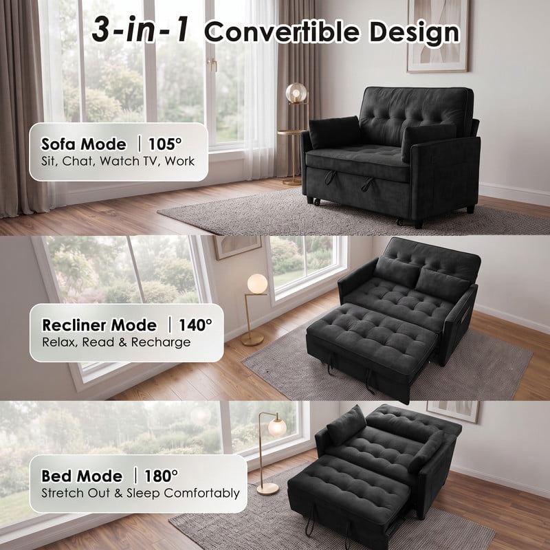 Anpport 54" 3‑in‑1 Convertible Sofa Bed, Towel Fabric, 3‑Position Adjustable Backrest with USB Charging Ports, for Living Room, Apartment, Black