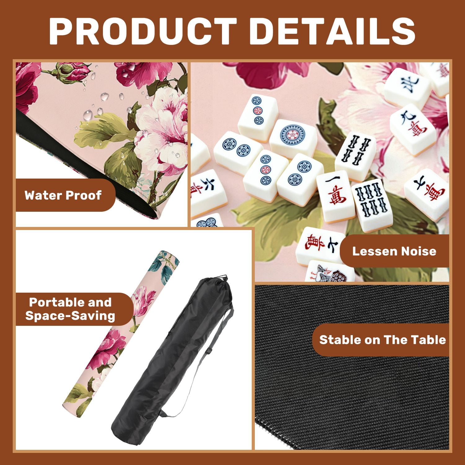 Mahjong Mat 31.5" x 31.5" Shabby chic vintage roses tulips forget me nots vintage seamless Non-Slip Noise Reduction American Mahjong Tiles Table Cover for Dominoes Poker Card Board Games Gift