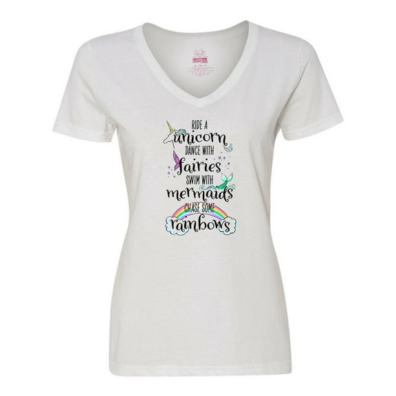 Inktastic Ride a Unicorn Dance with Fairies Swim with Mermaids Women's V-Neck T-Shirt