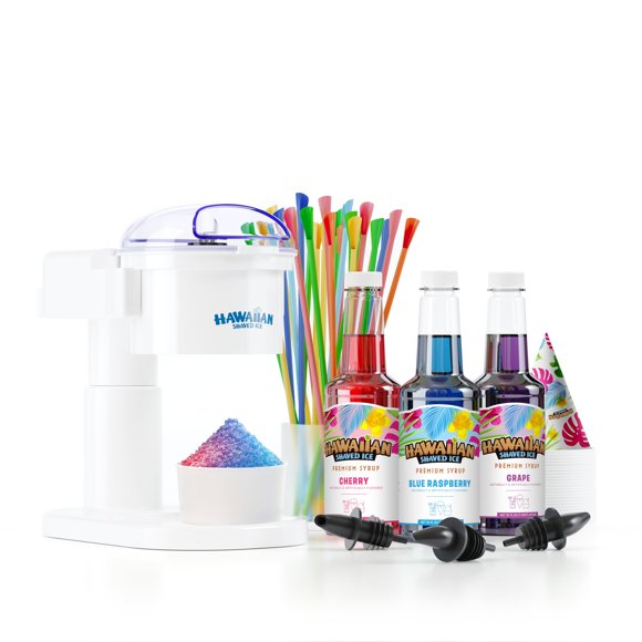 Hawaiian Shaved Ice S700 Kid-Friendly Snow Cone Machine Kit with 3-16oz. Syrup Flavors: Cherry, Grape, and Blue Raspberry, Plus 25 Snow Cone Cups, 25