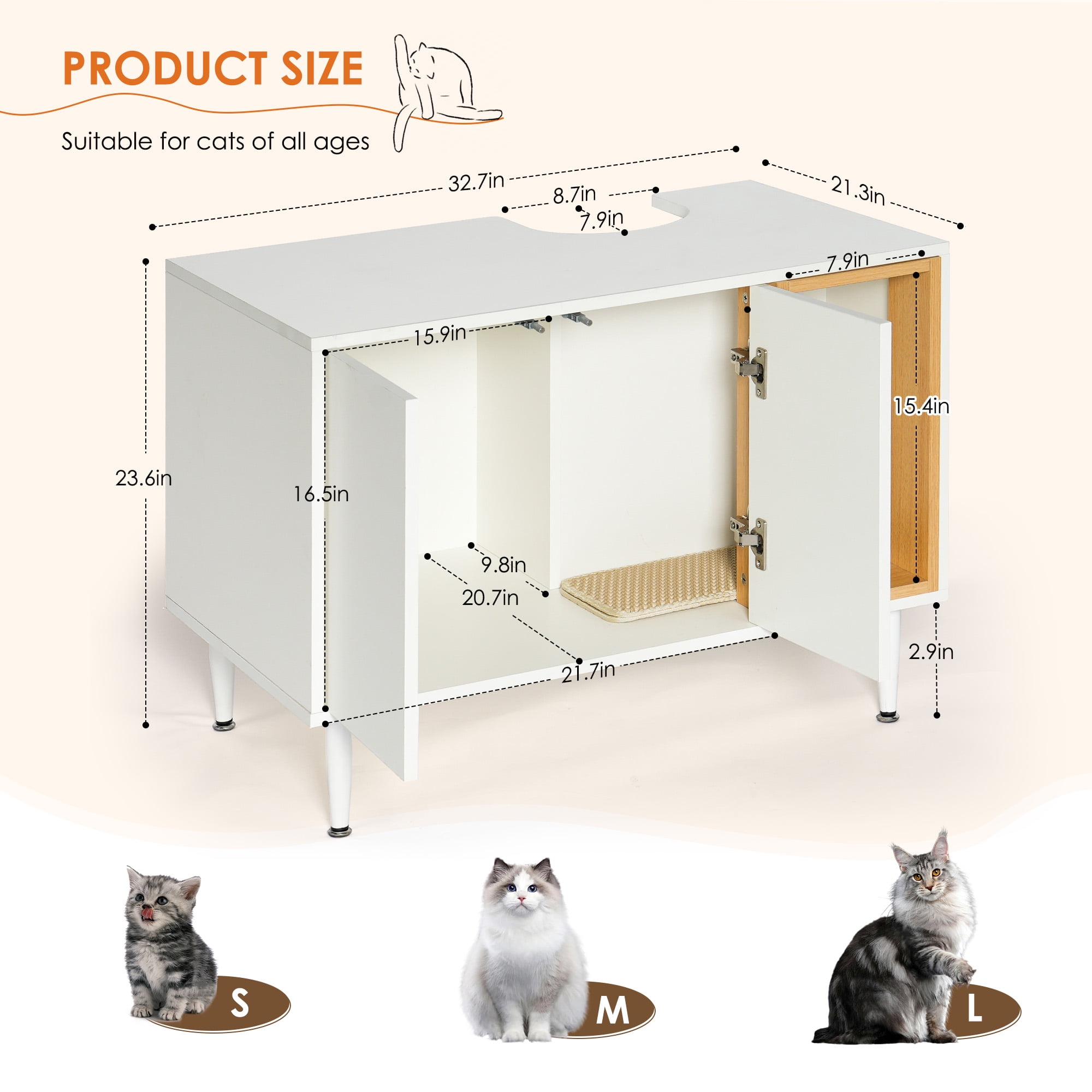 Kadyn 32" Wooden Cat Litter Box Enclosure Furniture with Divider, Large Hidden Litter Box for Bathroom Sink Cabinet, Cat House Washroom, White