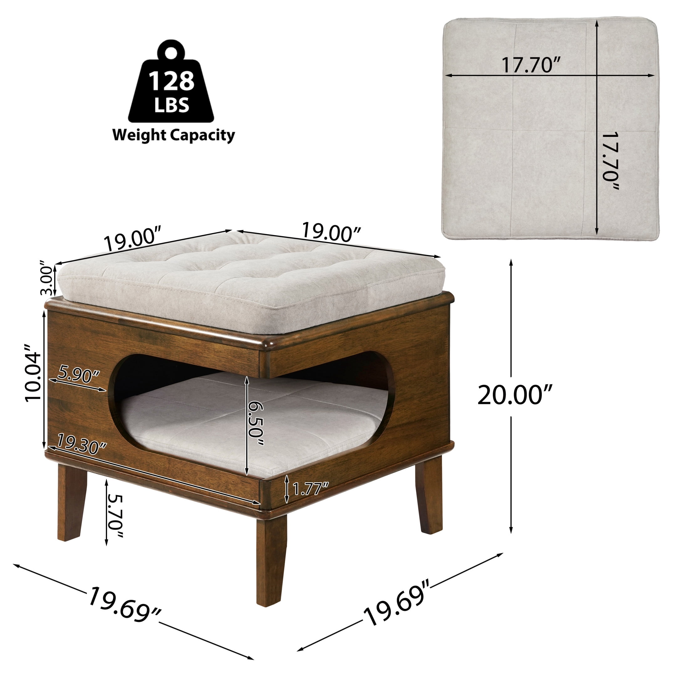 Christopher Knight Home Cat House Ottoman, Wooden Footstool with Pet Hideaway, Tufted Seat, Walnut