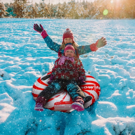 A 31.5 Inch Inflatable Snow Tube Sled Red Candy Stripe Design Heavy Duty Pvc Winter Towing Tube For Kids And Adults With Handles 600Lbs Capacity
