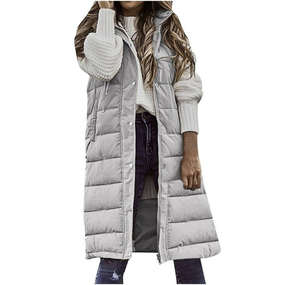 Women's Long Down Vest Sleeveless Hooded Jacket Plus Size Winter Warm Slim Zipper Coats Outdoor Puffer Quilted Vest