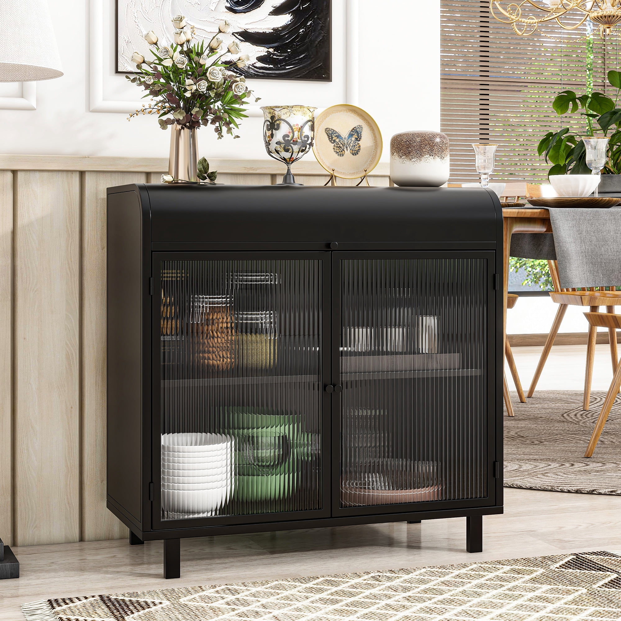 Leumius Modern Sideboard Buffet Cabinet with Tempered Figured Glass Doors, Flip Top, Inner Shelves, Metal Frame Storage Console for Dining Room, Kitchen, Living Room & Entryway (Black)