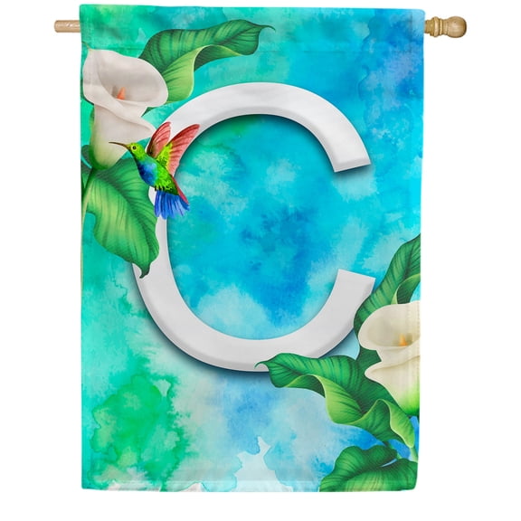 America Forever Summer Flowers Birds Monogram House Flag Letter C 28 x 40 inches Hummingbird Calla Lily Spring Floral Double Sided Vertical Outdoor Yard Lawn Decorative White Floral House Flag