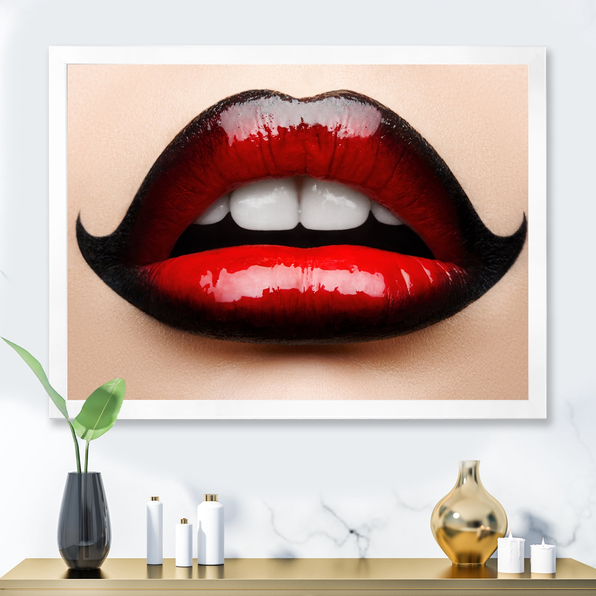 Designart 'Woman Lips With Red and Black Lipstick' Modern Framed Art Print