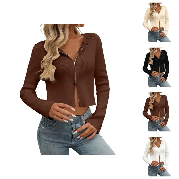 Cardigan Sweaters for Women 2025 Long Sleeve Zip Up Cropped Knitted Sweater Jacket Coat Womens Cardigan Sweaters