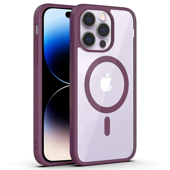 iPhone 14 Pro Max, Crystal Clear Back with Wine TPU Bumper, Shockproof Protective Cover, Built-in Magnetic Ring, Camera Guard, Wireless Charging Compatible