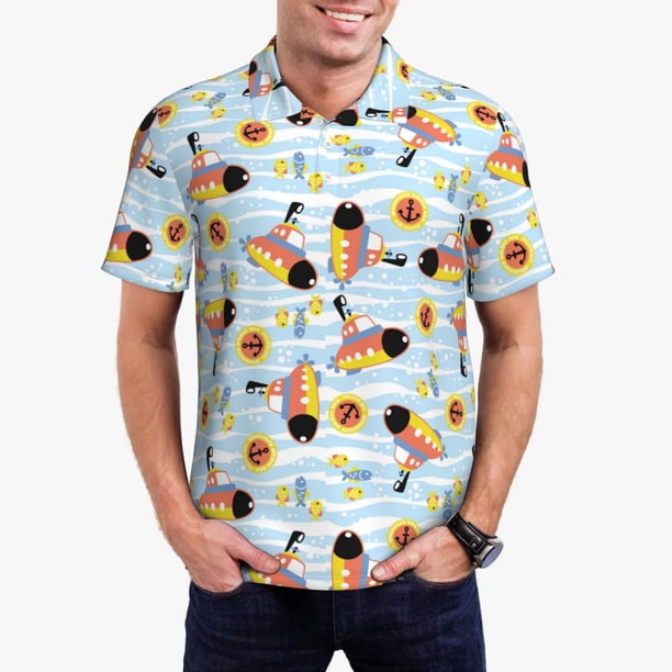 Balery Submarine With Fishes Undersea Camisa Polo de Hombre con Estampado, de Manga Corta y Tejido Medio, Camisa Tipo Golf Polo-X-Large