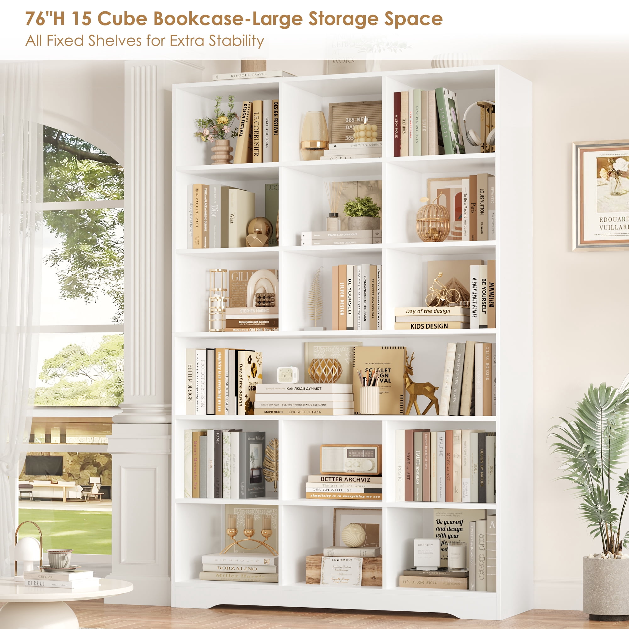 Hiphuta 76"H x 47"W Wood 6-Tier Standard Bookcase, Tall Bookcase for Bedroom, Freestanding 18 Cubes Display Storage Shelves, Living Room and Office, White