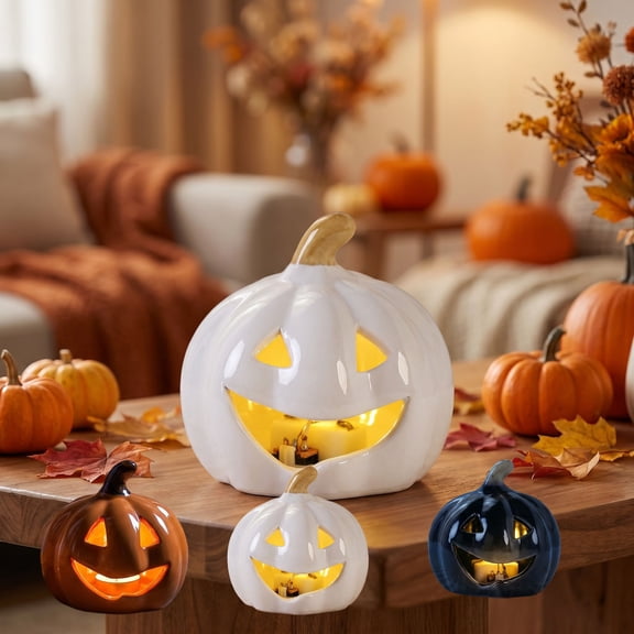 LEFXSMR Pumpkin Night Light, Ceramics Glowing Pumpkin Decor with Led, Waterproof Halloween Light for Home Holiday Desktop Decor